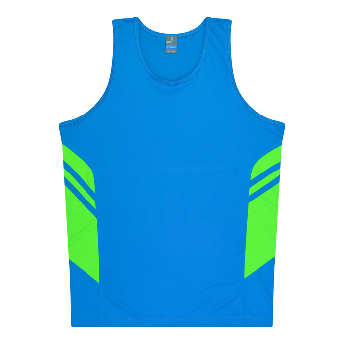 TASMAN MENS SINGLETS - CYAN/NEON GREEN