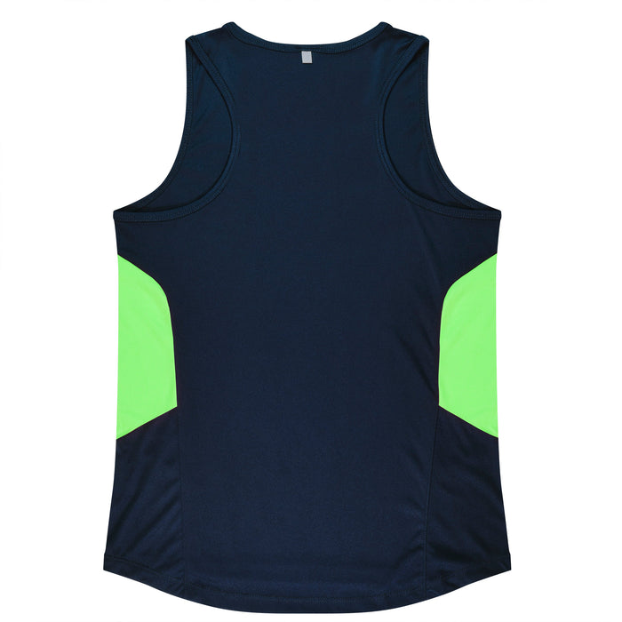 TASMAN LADY SINGLETS - NAVY/NEON GREEN