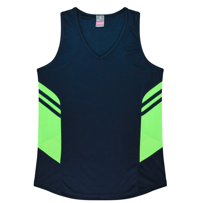 TASMAN LADY SINGLETS - NAVY/NEON GREEN