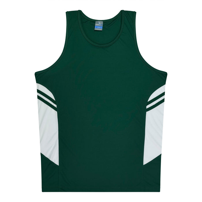 TASMAN MENS SINGLETS - BOTTLE/WHITE