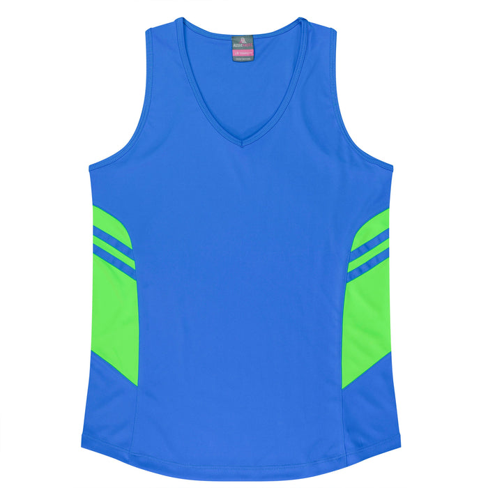 TASMAN LADY SINGLETS - CYAN/NEON GREEN
