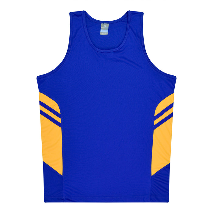 TASMAN MENS SINGLETS - ROYAL/GOLD
