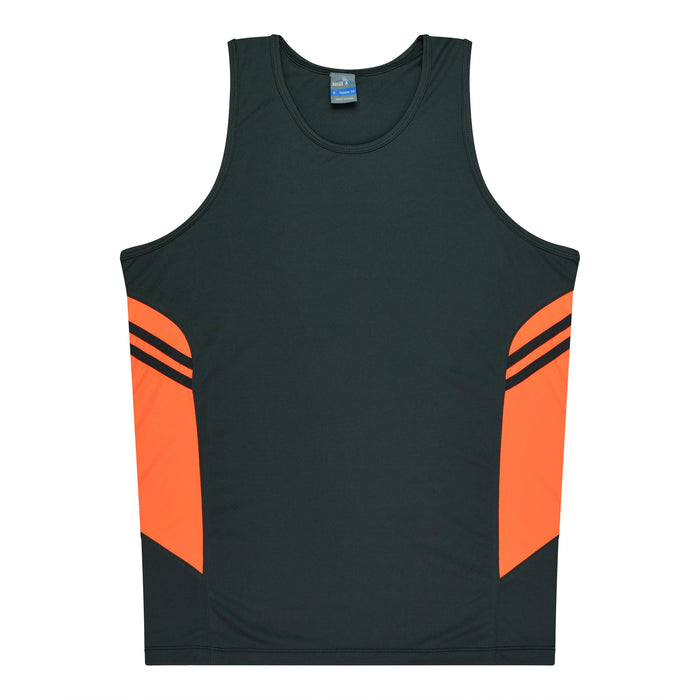 TASMAN MENS SINGLETS - SLATE/NEON ORANGE