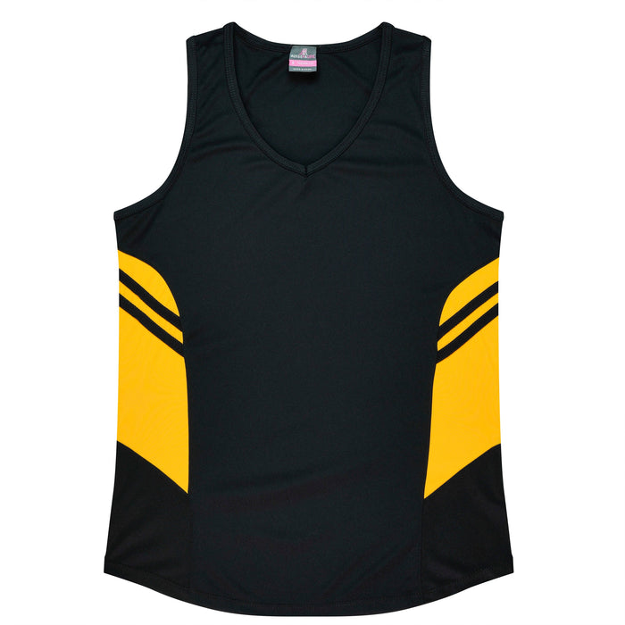 TASMAN LADY SINGLETS - BLACK/GOLD