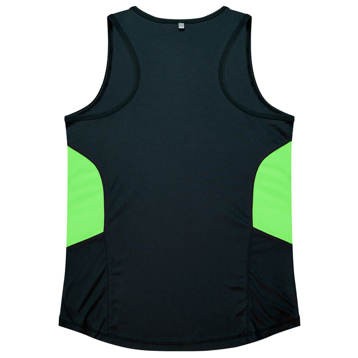 TASMAN LADY SINGLETS - BLACK/NEON GREEN